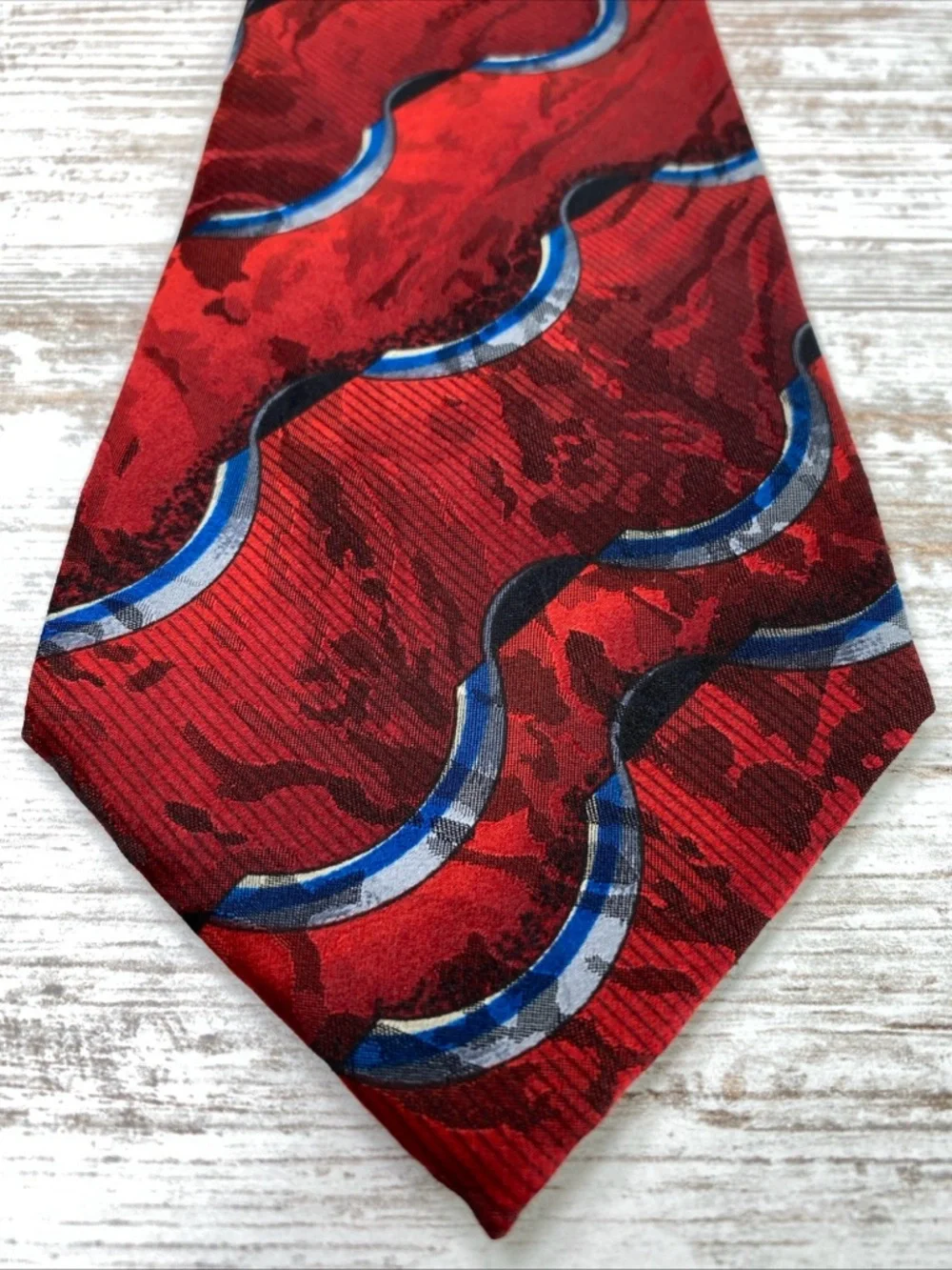 J. Ferrar Mens Tie Silk Red Blue Abstract Wide 4” Designer Necktie Italy